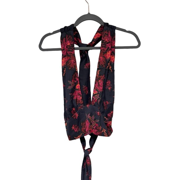 Free People Summer in Sicily Top Medium Halter Cropped Floral Satin Tie NWOT - Picture 3 of 11